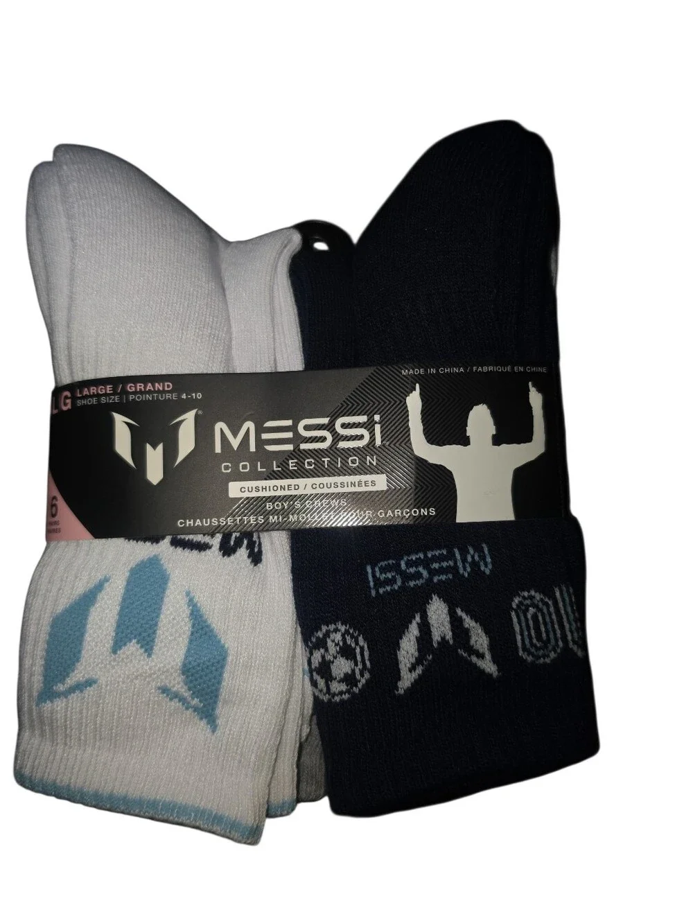 Messi Collection 6 Pr Boys Cushioned Crew Socks Size Large (4-10) Multi Color